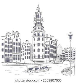 Black and white drawing of Amsterdam canal and Montelbaanstoren tower, Netherlands