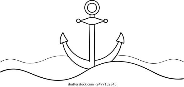 A black and white drawing of an anchor in the ocean. The anchor is the main focus of the image, and it is surrounded by water