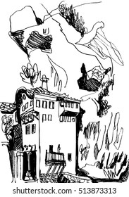 black and white drawing of an ancient monastery