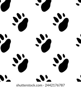 Black and white drawing of animal tracks. Silhouette of a paw of a cat, dog, bear.Vector texture.