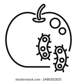 Black and white drawing of apple with stylized cartoon bacteria