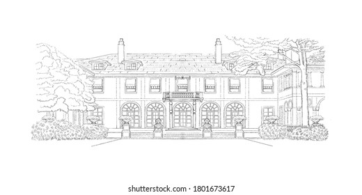 Black and white drawing, architecture. Vector illustration with style mansion, big tree in front of it, wedding venue sketch.