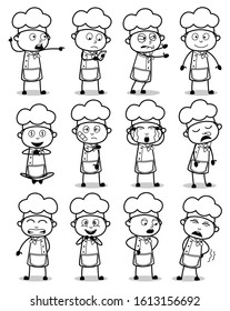 Black and White Drawing Art of Cartoon Chef - Set of Concepts Vector illustrations