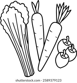 Black and white Drawing of assorted vegetables 
including carrots and celery