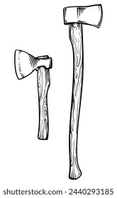 Black and white drawing of an axe. Vector illustration with two axes.