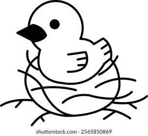 A black and white drawing of a baby bird sitting in a nest. The bird is small and cute, and the nest is made of twigs and leaves. Concept of warmth and comfort