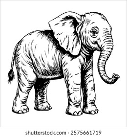 Black and white drawing of a baby elephant