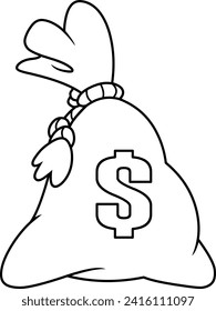 Dibujo en blanco y negro de una bolsa para guardar el dinero con un arco al estilo de las caricaturas.