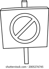 Black and white drawing of a banner with a restrictive sign image. Cartoon style. Outline. Circle.