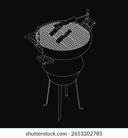 A black and white drawing of a barbecue grill centered on a stark black background, emphasizing its bold outline and detailed design. The high-contrast composition highlights the grill's texture