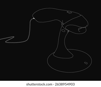 A black and white drawing of a Barcode Trading Scanner with a cord attached to it. Concept of curiosity and exploration, as the mouse is reaching out to the cord, possibly to investigate what it is