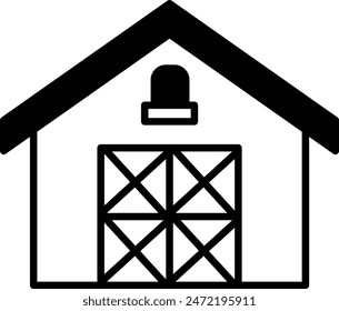 A black and white drawing of a barn with a red roof. The barn has a large door and a window