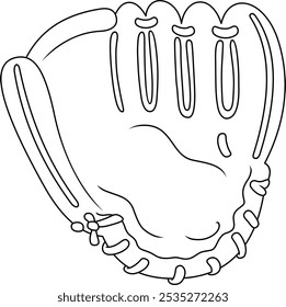 Black and white drawing of a baseball glove. Cartoon style catcher's glove. Clipart.