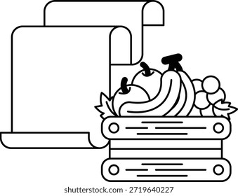 Un dibujo en blanco y negro de una cesta de frutas y verduras. La cesta está encima de un pedazo de papel