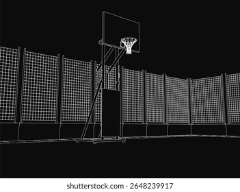 A black and white drawing of a basketball court featuring a detailed hoop and net, set against a dark, moody background. The minimalist style highlights clean lines and stark contrasts
