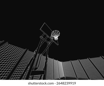 A black and white drawing of a basketball hoop mounted on a rooftop, featuring a detailed net attached to the pole. The dark background creates a mysterious and moody atmosphere