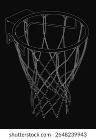 A black and white drawing of a basketball hoop with a metal rim and attached net, set against a stark black background. The minimalist design highlights the clean lines and geometric shape