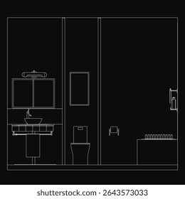 A black and white drawing of a bathroom interior featuring a sink, toilet, and mirror with a dark background creating a mysterious and elegant atmosphere.