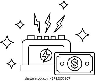 Un dibujo en blanco y negro de una batería con un billete de un dólar encima. La batería está rodeada de rayos y el billete de un dólar está encima de ella