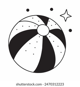 Dibujo en blanco y negro de una pelota de playa con estrellas en el fondo. La bola es el foco principal de la Imagen, y las estrellas añaden una sensación de capricho y alegría a la escena