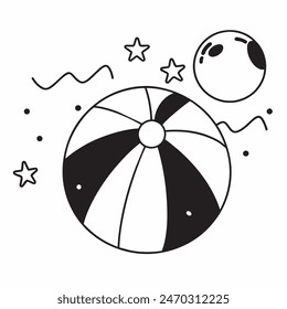 Dibujo en blanco y negro de una pelota de playa con estrellas en el fondo. La bola es el foco principal de la Imagen, y las estrellas añaden una sensación de capricho y alegría a la escena