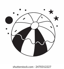 A black and white drawing of a beach ball with stars in the background. The ball is the main focus of the image, and the stars add a sense of whimsy and playfulness to the scene