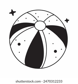 Dibujo en blanco y negro de una pelota de playa con estrellas en el fondo. La bola es el foco principal de la Imagen, y las estrellas añaden una sensación de capricho y alegría a la escena