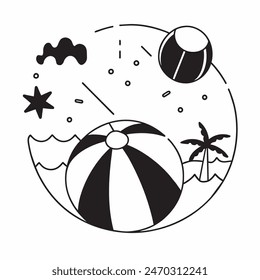 A black and white drawing of a beach ball with stars in the background. The ball is the main focus of the image, and the stars add a sense of whimsy and playfulness to the scene