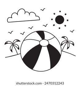 A black and white drawing of a beach ball with stars in the background. The ball is the main focus of the image, and the stars add a sense of whimsy and playfulness to the scene