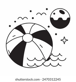 A black and white drawing of a beach ball with stars in the background. The ball is the main focus of the image, and the stars add a sense of whimsy and playfulness to the scene