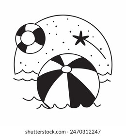 A black and white drawing of a beach ball with stars in the background. The ball is the main focus of the image, and the stars add a sense of whimsy and playfulness to the scene