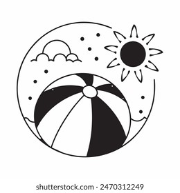 A black and white drawing of a beach ball with stars in the background. The ball is the main focus of the image, and the stars add a sense of whimsy and playfulness to the scene