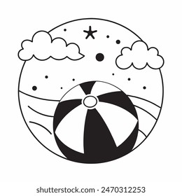 A black and white drawing of a beach ball with stars in the background. The ball is the main focus of the image, and the stars add a sense of whimsy and playfulness to the scene