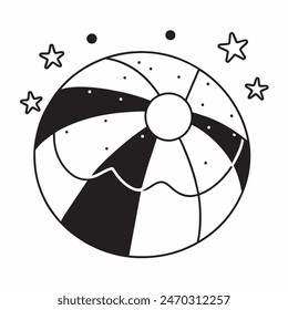 Dibujo en blanco y negro de una pelota de playa con estrellas en el fondo. La bola es el foco principal de la Imagen, y las estrellas añaden una sensación de capricho y alegría a la escena