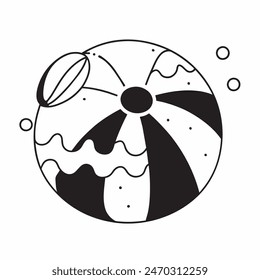 A black and white drawing of a beach ball with stars in the background. The ball is the main focus of the image, and the stars add a sense of whimsy and playfulness to the scene