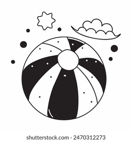 A black and white drawing of a beach ball with stars in the background. The ball is the main focus of the image, and the stars add a sense of whimsy and playfulness to the scene