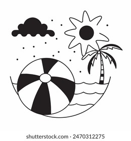 A black and white drawing of a beach ball with stars in the background. The ball is the main focus of the image, and the stars add a sense of whimsy and playfulness to the scene