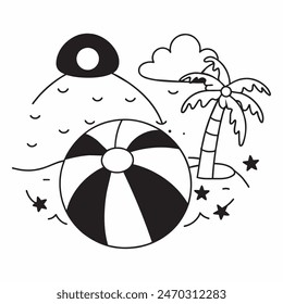 A black and white drawing of a beach ball with stars in the background. The ball is the main focus of the image, and the stars add a sense of whimsy and playfulness to the scene