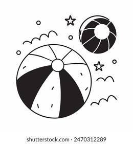 Dibujo en blanco y negro de una pelota de playa con estrellas en el fondo. La bola es el foco principal de la Imagen, y las estrellas añaden una sensación de capricho y alegría a la escena