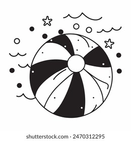 Dibujo en blanco y negro de una pelota de playa con estrellas en el fondo. La bola es el foco principal de la Imagen, y las estrellas añaden una sensación de capricho y alegría a la escena