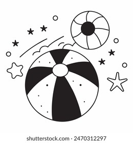 A black and white drawing of a beach ball with stars in the background. The ball is the main focus of the image, and the stars add a sense of whimsy and playfulness to the scene