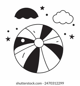 A black and white drawing of a beach ball with stars in the background. The ball is the main focus of the image, and the stars add a sense of whimsy and playfulness to the scene