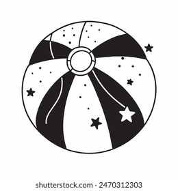 Dibujo en blanco y negro de una pelota de playa con estrellas en el fondo. La bola es el foco principal de la Imagen, y las estrellas añaden una sensación de capricho y alegría a la escena