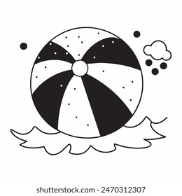 A black and white drawing of a beach ball with stars in the background. The ball is the main focus of the image, and the stars add a sense of whimsy and playfulness to the scene