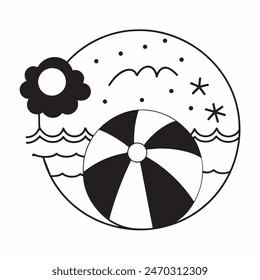 A black and white drawing of a beach ball with stars in the background. The ball is the main focus of the image, and the stars add a sense of whimsy and playfulness to the scene