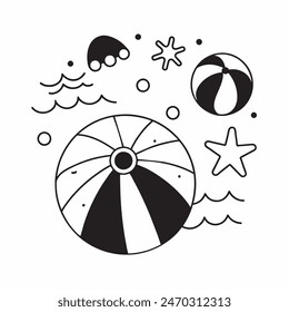 A black and white drawing of a beach ball with stars in the background. The ball is the main focus of the image, and the stars add a sense of whimsy and playfulness to the scene