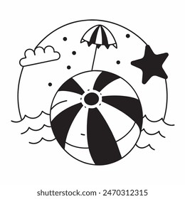 A black and white drawing of a beach ball with stars in the background. The ball is the main focus of the image, and the stars add a sense of whimsy and playfulness to the scene