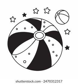 A black and white drawing of a beach ball with stars in the background. The ball is the main focus of the image, and the stars add a sense of whimsy and playfulness to the scene