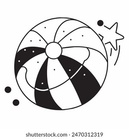 A black and white drawing of a beach ball with stars in the background. The ball is the main focus of the image, and the stars add a sense of whimsy and playfulness to the scene