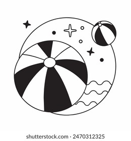 A black and white drawing of a beach ball with stars in the background. The ball is the main focus of the image, and the stars add a sense of whimsy and playfulness to the scene